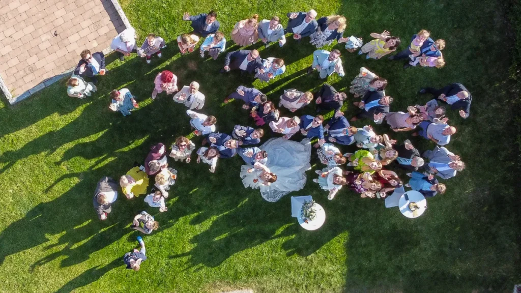 wedding group shot captured with drone