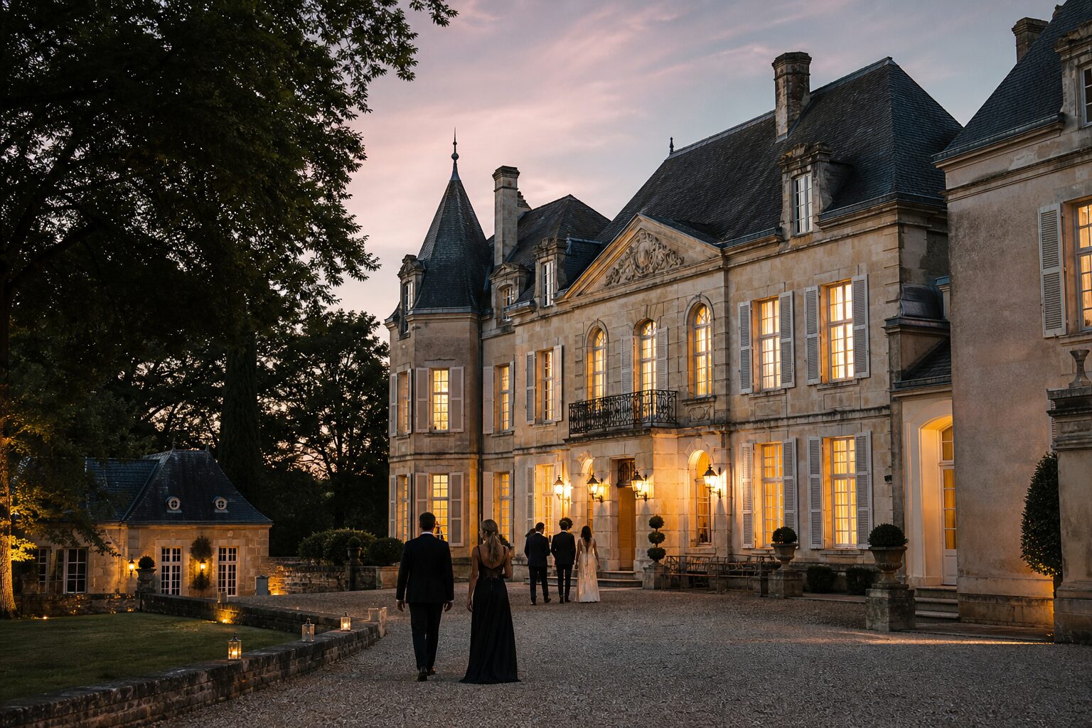 Exterior of a European château at dusk with warm windows and guests arriving for a private weekend celebration.