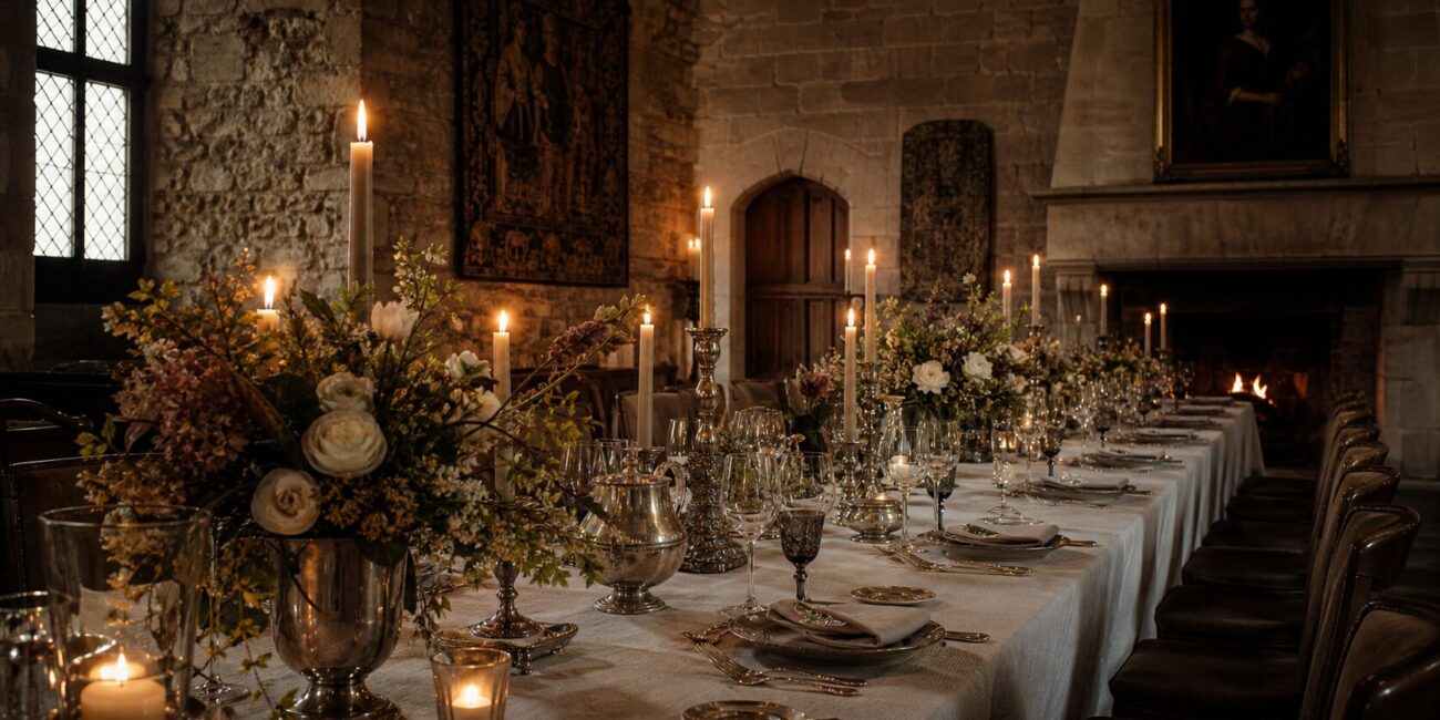 A candlelit long table prepared inside a historic European castle hall for an intimate private celebration.