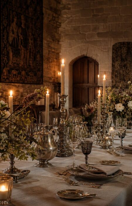 A candlelit long table prepared inside a historic European castle hall for an intimate private celebration.