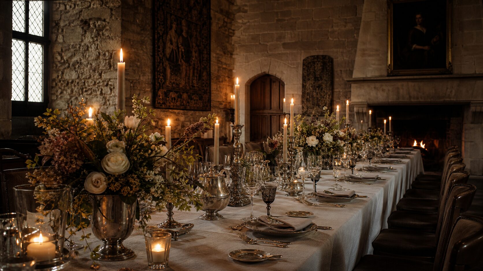 A candlelit long table prepared inside a historic European castle hall for an intimate private celebration.