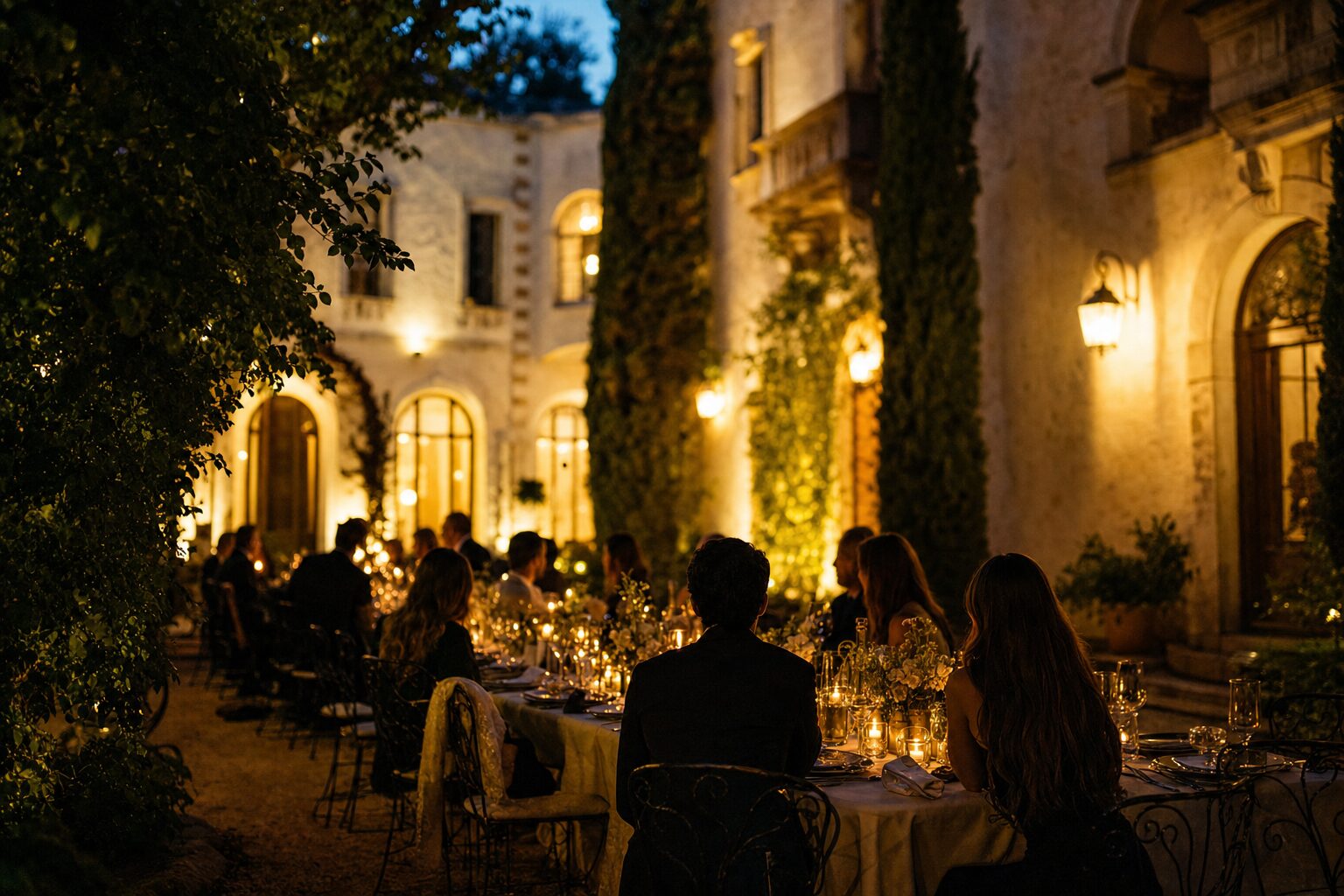 An intimate long-table dinner in a historic garden with candles and linen, suggesting slow luxury and modern life rituals.