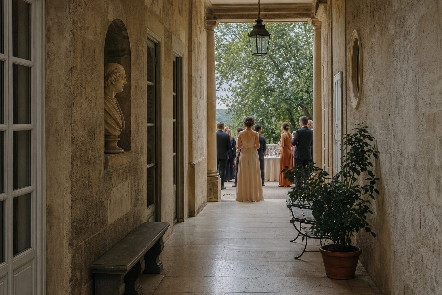 A quiet historic estate corridor opening toward a garden, suggesting thoughtful venue selection and guest rhythm.