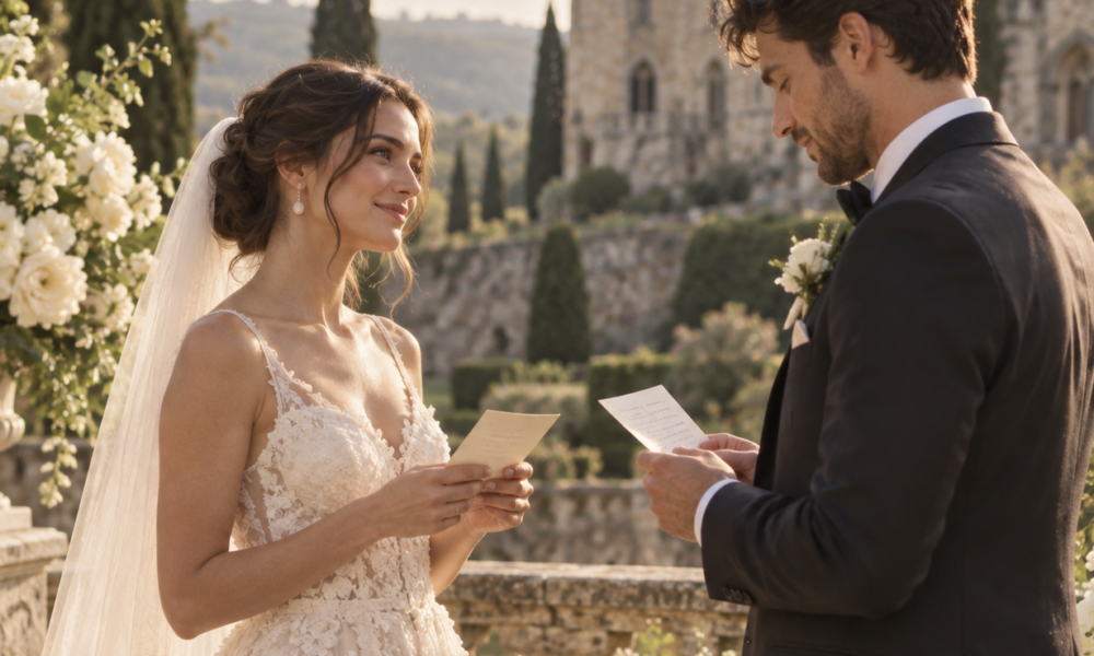 A couple reading handwritten vows during an intimate symbolic ceremony in a European castle garden.
