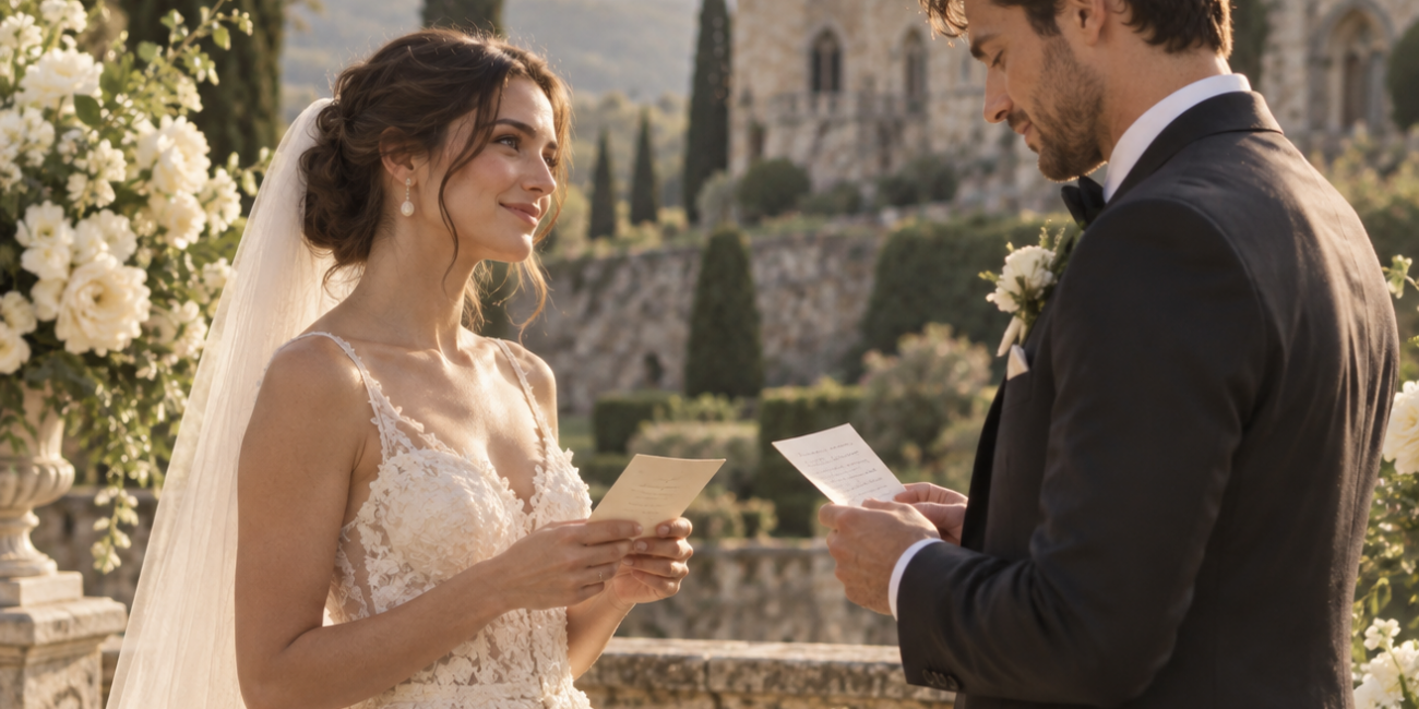 A couple reading handwritten vows during an intimate symbolic ceremony in a European castle garden.