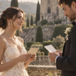 A couple reading handwritten vows during an intimate symbolic ceremony in a European castle garden.