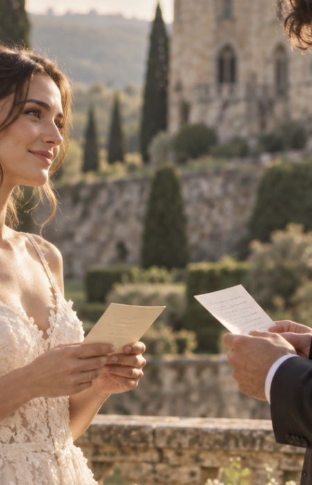 A couple reading handwritten vows during an intimate symbolic ceremony in a European castle garden.