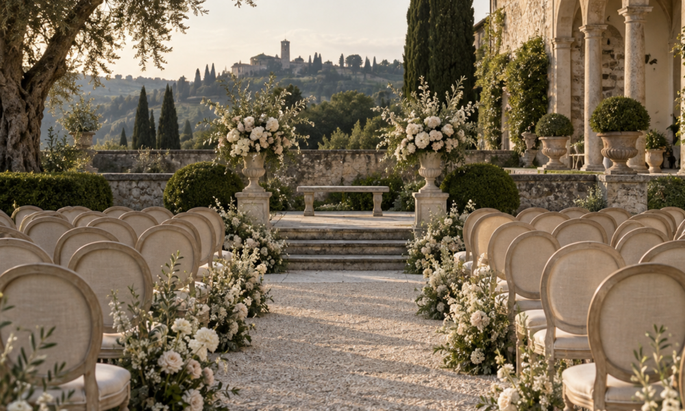 An elegant symbolic wedding ceremony setup in a historic European garden with soft natural light.