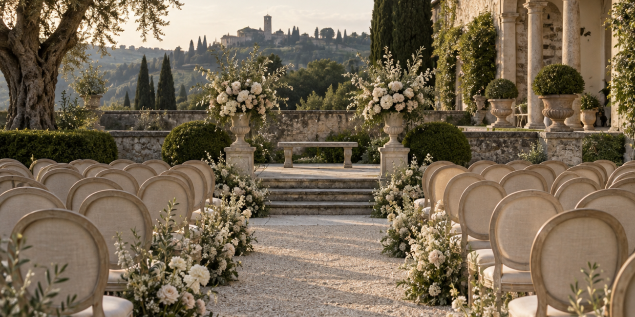 An elegant symbolic wedding ceremony setup in a historic European garden with soft natural light.