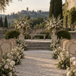 An elegant symbolic wedding ceremony setup in a historic European garden with soft natural light.