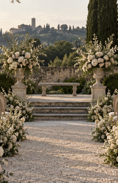 An elegant symbolic wedding ceremony setup in a historic European garden with soft natural light.
