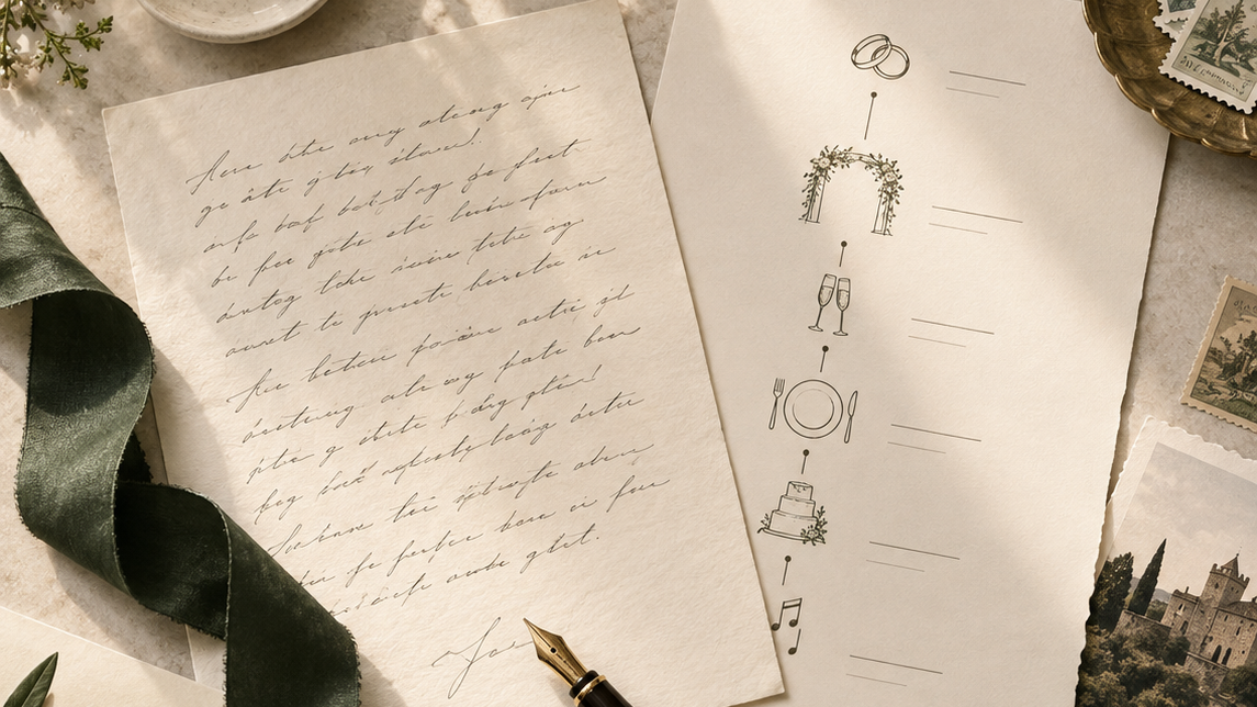 Handwritten vow notes arranged beside a ceremony timeline on a desk.