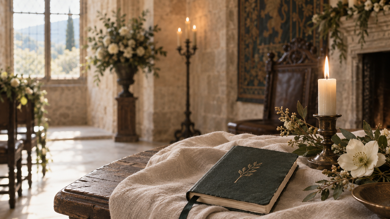 A vow book resting on linen in a candlelit historic ceremony room.