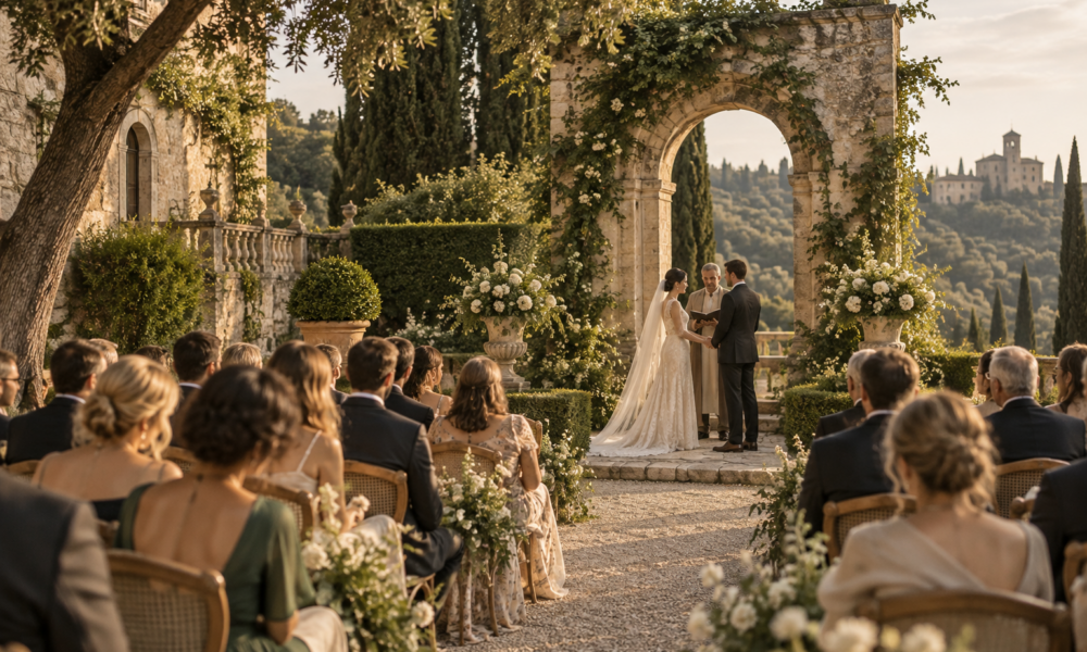 Guests watching an intimate wedding ceremony in a historic European garden
