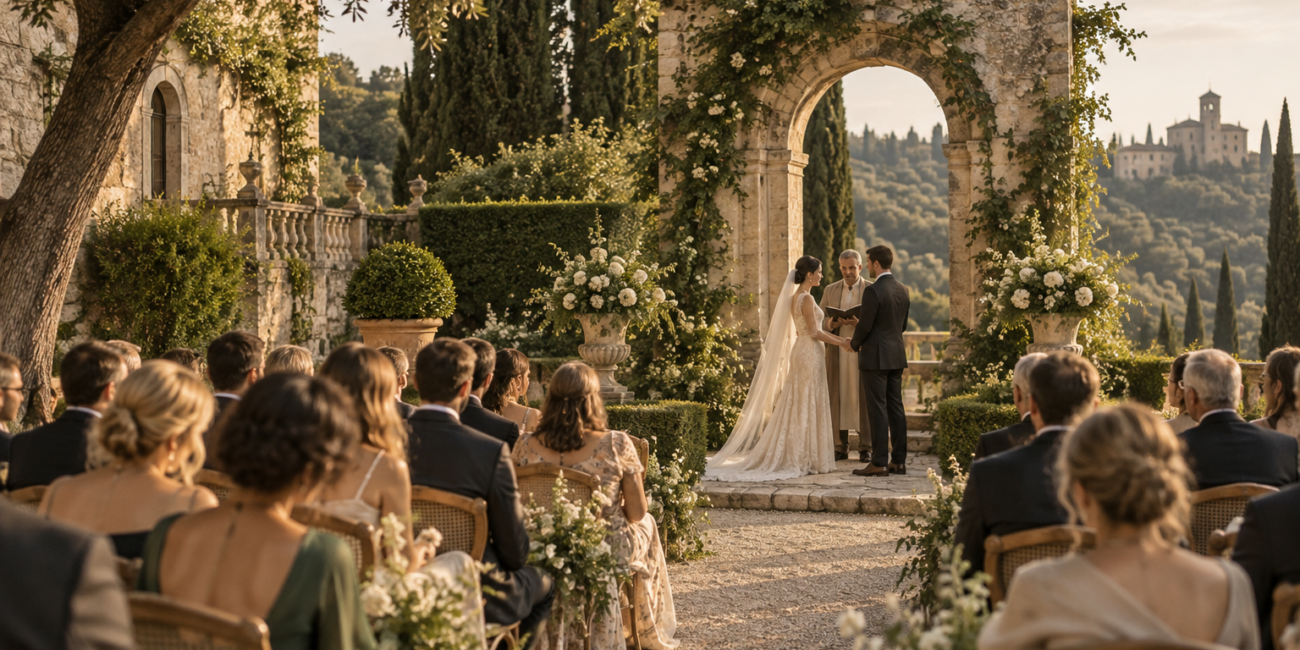 Guests watching an intimate wedding ceremony in a historic European garden