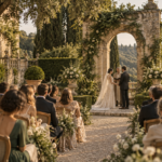 Guests watching an intimate wedding ceremony in a historic European garden
