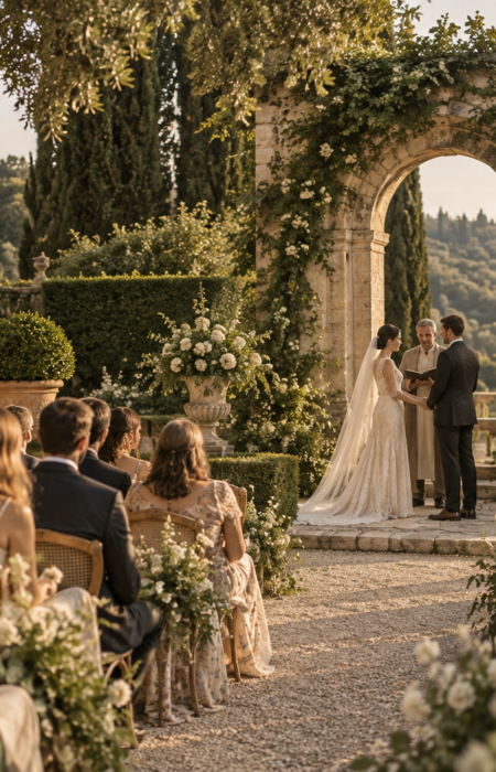 Guests watching an intimate wedding ceremony in a historic European garden