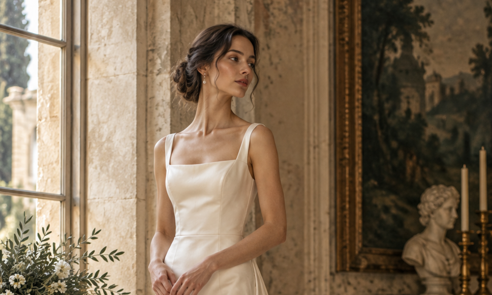 A bride in a refined simple wedding dress standing in soft natural light