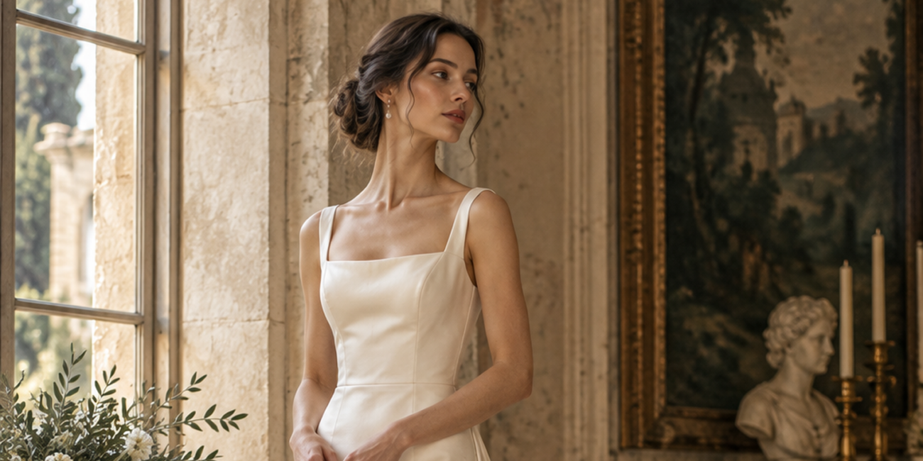 A bride in a refined simple wedding dress standing in soft natural light