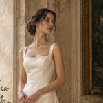 A bride in a refined simple wedding dress standing in soft natural light