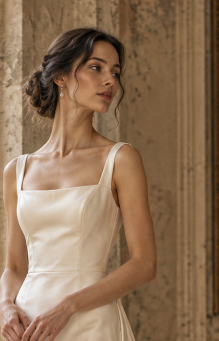A bride in a refined simple wedding dress standing in soft natural light